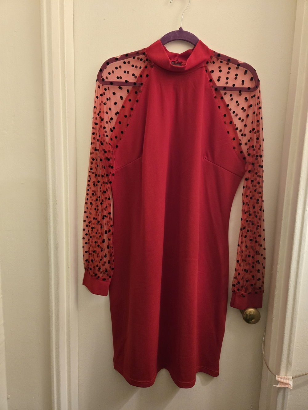 SHEIN Red Mock Neck Midi Dress with Polka Dot Mesh Sleeves